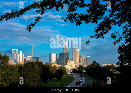 View of Charlotte NC Skyline and John Belk Freeway Stock Photo