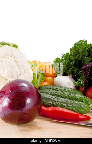 Tasty fresh vegetables for salad preparation isolated on white background Stock Photo