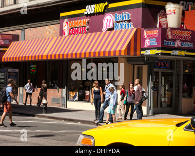 Dunkin Donuts Coffeehouse Restaurant,  Subway Sandwich Shop and Baskin Robbins Ice Cream Shop,  Front Entrance Exterior, NYC  2013 Stock Photo
