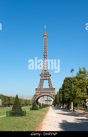 A view of the Eiffel Tower from a walkway on the Champ de Mars in Paris, France, Europe. Stock Photo