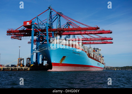 Cornelia Maersk a Danish Container cargo ship during loading operation with crane in the Gothenburg container port. Sweden Stock Photo