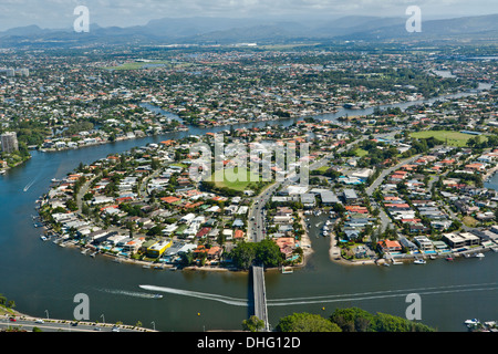 Australia, Queensland, Gold Coast, evening view of Isle of Capri housing estate gird by the Nerang River Stock Photo