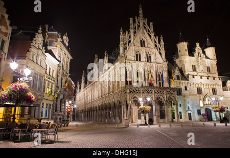 MECHELEN - SEPTEMBER 4: Grote markt and town hall at night on September 4, 2013 in Mechelen, Belgium. Stock Photo