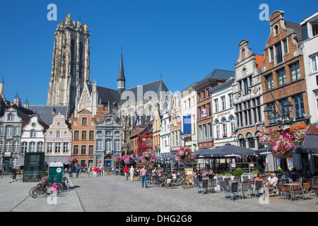 MECHELEN - SEPTEMBER 4: Grote markt and St. Rumbold's cathedral Sepetember 4, 2013 in Mechelen, Belgium. Stock Photo