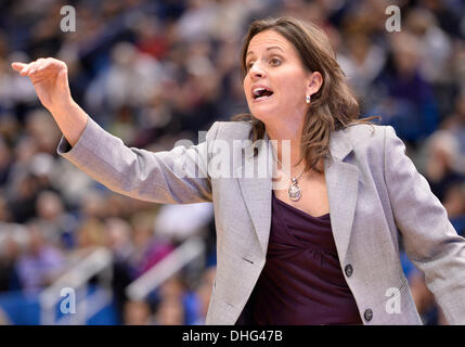 Hartford, CT, USA. 9th Nov, 2013. Saturday November 9, 2013: Hartford Hawks Head coach Jennifer Rizzotti screams instructions to het players during the 1st half of the womens NCAA basketball game between Hartford and Connecticut at XL Center in Hartford, CT. Bill Shettle / Cal Sport Media. Credit:  csm/Alamy Live News Stock Photo