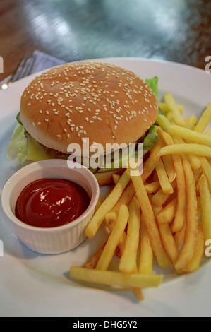 hamburger with chips and ketchup Stock Photo