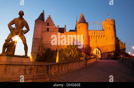 ANTWERP - SEPTEMBER 4: Steen castle and statue of Lange Wapper by Albert Poers from year 1953 Stock Photo