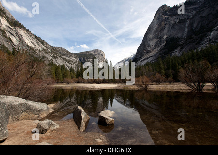 North Dome reflected in Mirror Lake, Yosemite National Park, California, U.S.A. Stock Photo