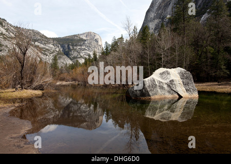 North Dome reflected in Mirror Lake, Yosemite National Park, California, U.S.A. Stock Photo