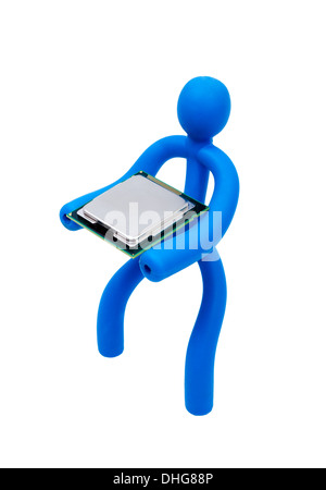 Blue rubber man keeps the processor isolated on white background Stock Photo