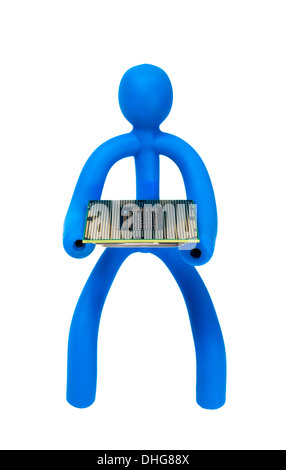 Blue rubber man keeps the processor isolated on white background Stock Photo