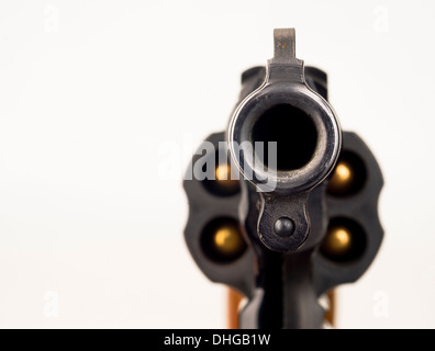 Close up Barrel Snub Nose Revolver Gun Weapon pointed at You Stock Photo