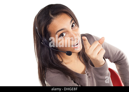 Portrait of happy smiling cheerful support phone operator in headset, isolated on white background Stock Photo