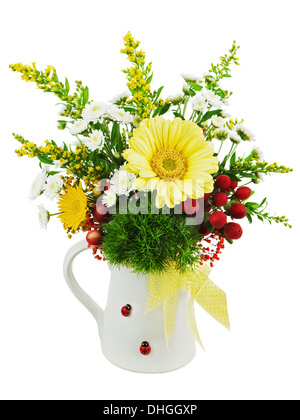 Colorful bouquet from gerberas in vase isolated on white background. Closeup. Stock Photo