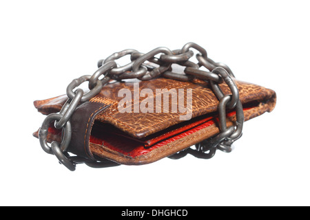 End of personal spending. Poor economy represented by empty wallet in chain isolated on white Stock Photo