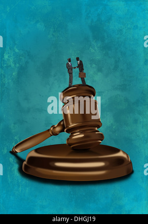 Illustrative image of men shaking hands on gavel representing court settlement Stock Photo