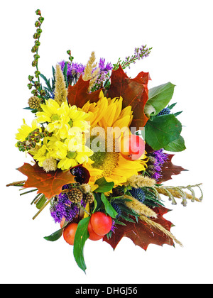 Bouquet of sunflowers and gerbera flowers isolated on white background. Closeup. Stock Photo