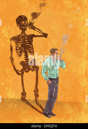 Illustrative image of man smoking cigarette with skeleton shadow representing death Stock Photo