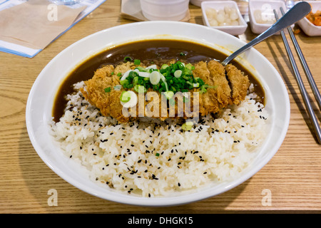 Katsu Karē is a Japanese dish comprising curry and rice served with a breaded pork cutlet on top. Stock Photo