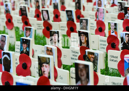 Belfast, Northern Ireland. 10th Nov 2013 - Wooden crosses are laid out in the Garden of Remembrance in Belfast to commemorate soldiers killed in the line of duty Stock Photo