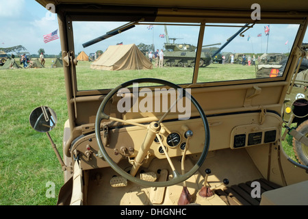 Interior of a 1942 Willys MB Jeep in desert colour scheme. Rauceby War Weekend, Lincolnshire, England. Stock Photo
