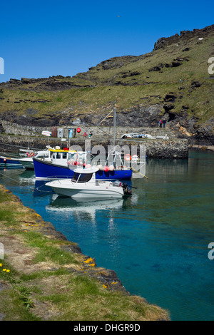 Fishing boats moored in the harbour at Boscastle in Cornwall, England, UK Stock Photo