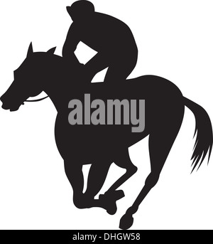 Illustration of a horse and jockey racing silhouette on isolated white background done in retro style. Stock Photo