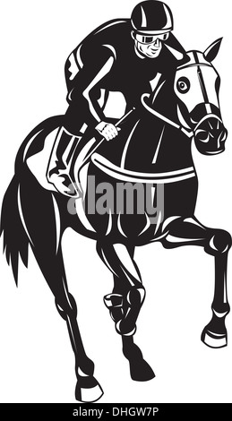 Illustration of a horse and jockey racing silhouette on isolated white background done in retro woodcut style. Stock Photo