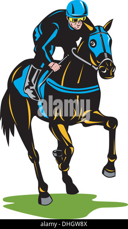 Illustration of a horse and jockey racing silhouette on isolated white background done in retro woodcut style. Stock Photo