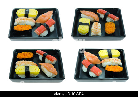 Collage from photographs of Japanese seafood sushi set , mix sushi rolls Stock Photo