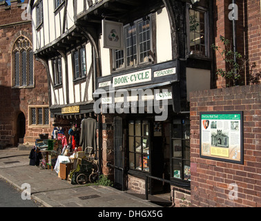EXETER, DORSET, UK - OCTOBER 10, 2013:   Shop in a Tudor half timbered building in Exeter by Stepcote Hill Stock Photo