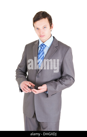 Young businessman with mobile phone isolated on white background Stock Photo