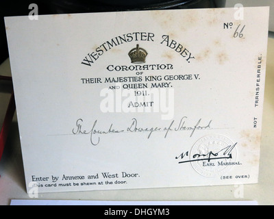 Ticket for 1911 coronation king George V Queen Mary admit countess dowager of Stamford from Dunham Massey NT Altrincham Cheshire Stock Photo