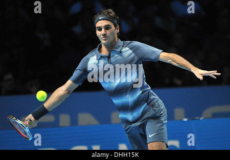Switzerland's Roger Federer in action against Spain's Rafael Nadal, during the semi-final of the ATP men's singles. Stock Photo