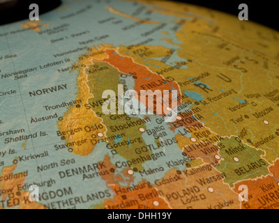 A view of Scandinavia and Northern Europe on a beautiful, illuminated globe. Stock Photo