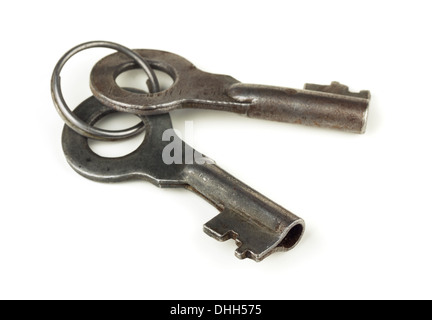 Two old keys in key ring isolated on white Stock Photo