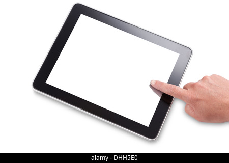 Hand and finger touching the screen of a tablet computer, isolated on white Stock Photo