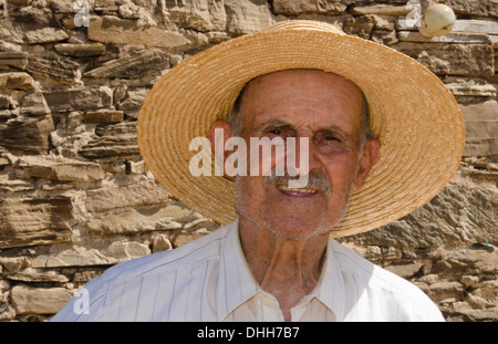 Greece Paros Cyclades old local man with donkey near Lefkes in mountains at his farm home 8 Stock Photo