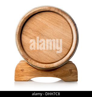 Wooden barrel on the stand isolated o white Stock Photo