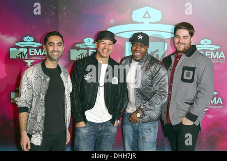 Amsterdam, The Netherlands. 10th Nov, 2013. Amir Amor (L-R), Piers Agget, DJ Locksmith and Kesi Dryden of British band Rudimental arrive at the MTV Europe Music Awards (EMA) 2013 held at the Ziggo Dome in Amsterdam, The Netherlands, 10 November 2013. Photo: Hubert Boesl/dpa/Alamy Live News Stock Photo