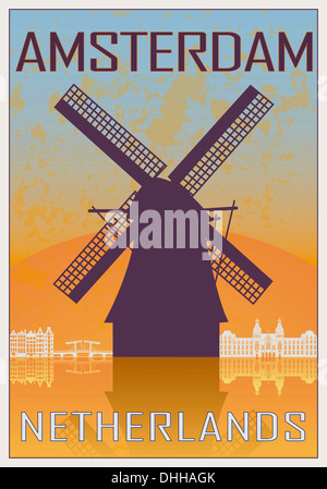 Amsterdam vintage poster in orange and blue textured background with skyline in white Stock Photo