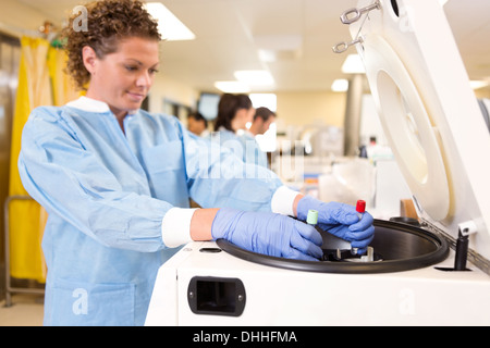 Researcher Loading Samples in Centrifuge Stock Photo