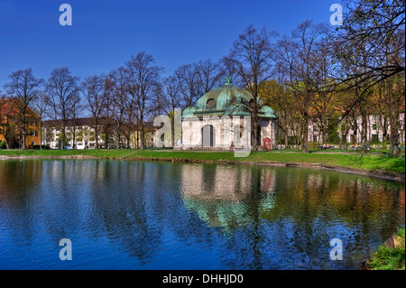 Hubertusbrunnen spring at the east end of Nymphenburg Canal, Neuhausen-Nymphenburg, Munich, Upper Bavaria, Bavaria, Germany Stock Photo