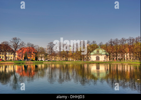 Hubertusbrunnen spring at the east end of Nymphenburg Canal, Neuhausen-Nymphenburg, Munich, Upper Bavaria, Bavaria, Germany Stock Photo