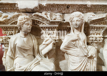 Archaeological Museum, marble frieze on the sarcophagus of Domitias Julianus and Domita Philiska from Perge, 2nd century AD Stock Photo