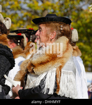 Woman wearing a fox stole during the Leonhardiritt procession, Wildsteig, Pfaffenwinkel region, Upper Bavaria, Bavaria, Germany Stock Photo