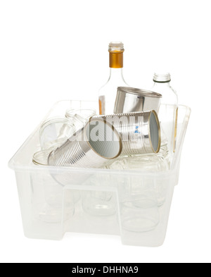 Collected glass bottles and tin cans in plastic box collected for recycling on white background Stock Photo