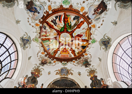 Ceiling frescoes, Hospital Church of the Holy Spirit, Füssen, Ostallgäu, Allgäu, Schwabia, Bavaria, Germany Stock Photo