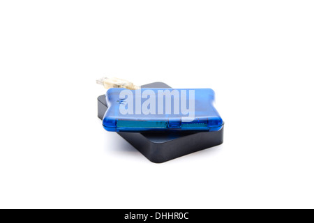 Blue Card Reader with External hard Drive Disk Stock Photo