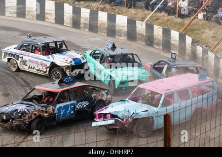 banger racing ace races demolition derby derbies destruction demo cars crashing crashes car old scrap junk pileup pile up ups pi Stock Photo